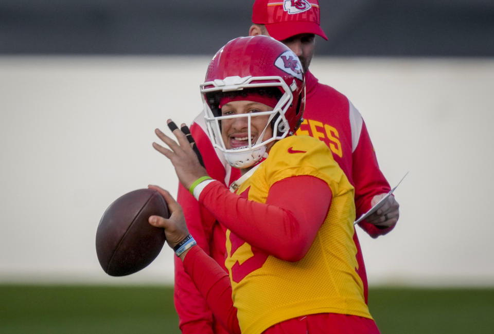 Kansas City Chiefs quarterback Patrick Mahomes attends a practice session in Frankfurt, Germany, Friday, Nov. 3, 2023. The Kansas City Chiefs are set to play the Miami Dolphins in a NFL game in Frankfurt on Sunday Nov. 5, 2023. (AP Photo/Michael Probst)