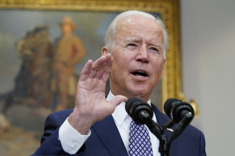 President Joe Biden speaks about the situation in Afghanistan from the Roosevelt Room of the White House in Washington, Tuesday, Aug. 24, 2021. (AP Photo/Susan Walsh)