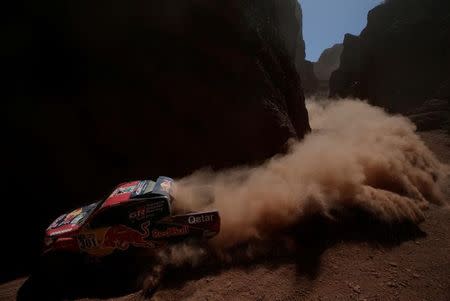 Dakar Rally - 2017 Paraguay-Bolivia-Argentina Dakar rally - 39th Dakar Edition - Second stage from San Miguel de Tucuman to San Salvador de Jujuy, Argentina 04/01/17. Nasser Al-Attiyah of Qatar drives his Toyota with his copilot Matthieu Baumel. REUTERS/Ricardo Moraes