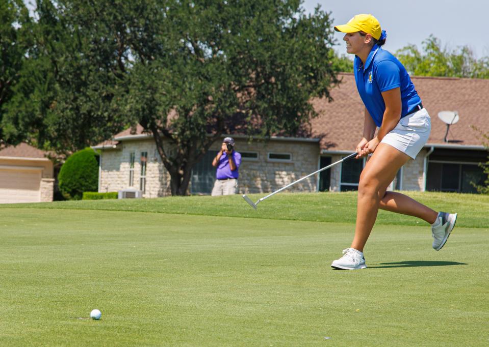 Anderson High School's Farah O'Keefe reacts after her eagle putt ends up resting on the left edge of the cup on the 18th hole of the 2022 UIL Class 5A state girls tournament. But her birdie helped the Trojans win the state title.