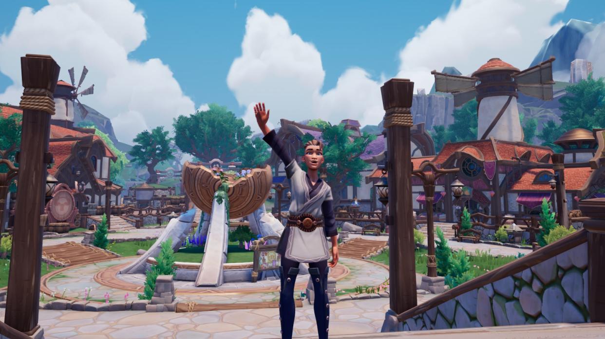  Palia - a player standing and waving above the Kilimia Village center area 