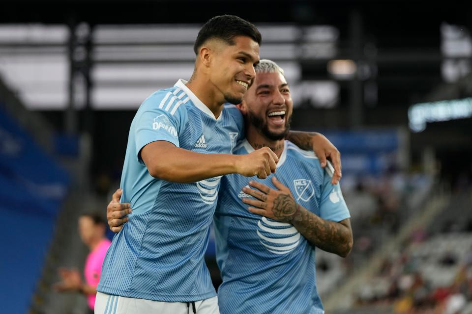 Jul 23, 2024; Columbus, Ohio, USA; Cucho Hernandez of Columbus Crew hugs Luciano Acosta of FC Cincinnati after competing together in the MLS All-Star Skills Challenge at Lower.com Field.