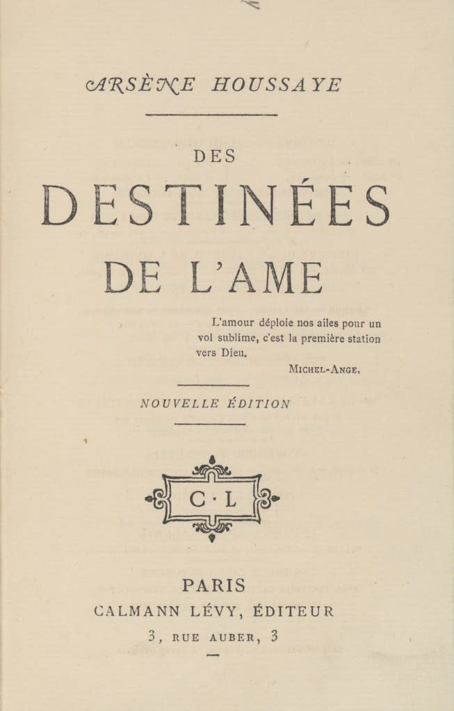 Digitized page scans are shown from the book “Des Destinées de l’Ame.” The book caused controversy for being bound in human skin, taken against that person’s will. Harvard Library