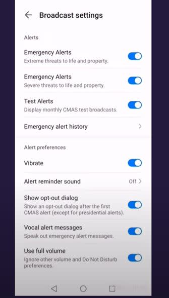 Android phone owners can disable emergency alerts by searching 'emergency alerts' in Settings, then toggling them off. (Refuge/YouTube)