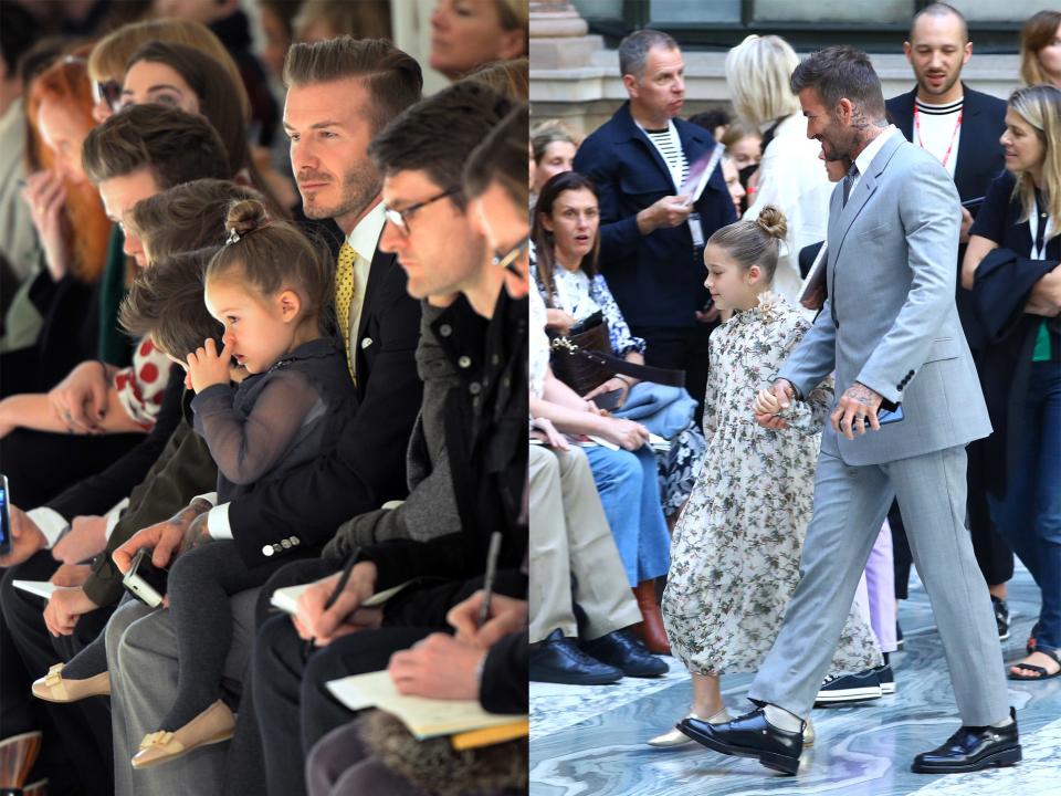 Harper and David Beckham in 2014 (left) and in 2019 (right).
