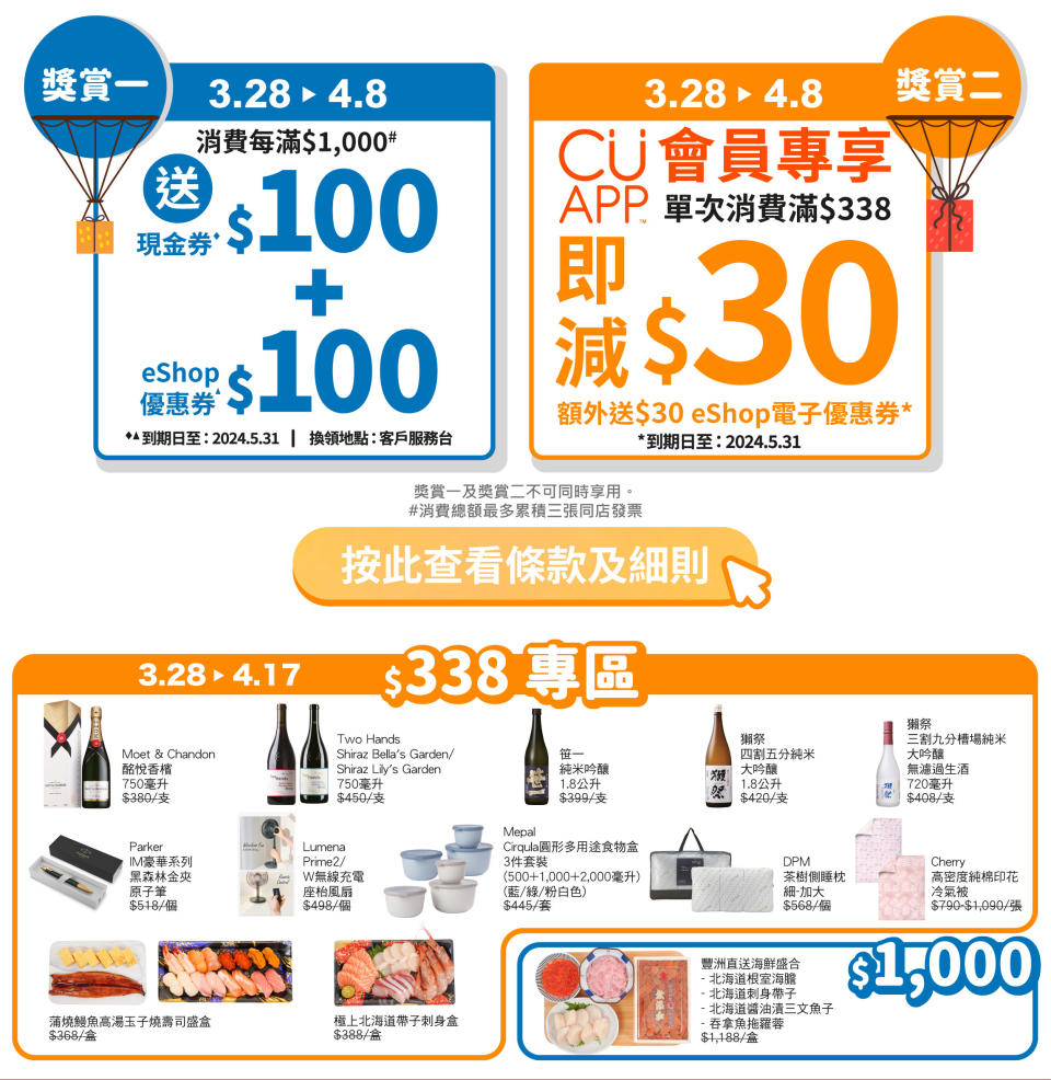 【APITA、UNY】狂賞購物節 買滿$1000 送$100現金券+$100網店優惠券（28/03-08/04）