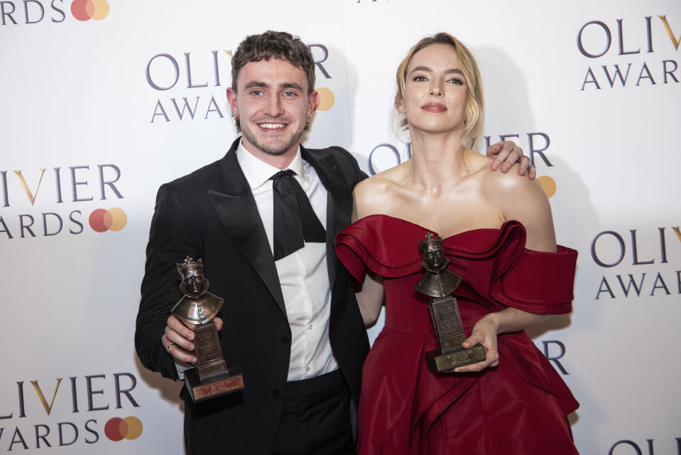 Paul Mescal, winner of the Best Actor award for "A Streetcar Named Desire", left, and Jodie Comer, winner of the Best Actress award for "Prima Facie" pose for photographers in the winner's room during the Olivier Awards in London, Sunday, April 2, 2023. (Photo by Vianney Le Caer/Invision/AP)
