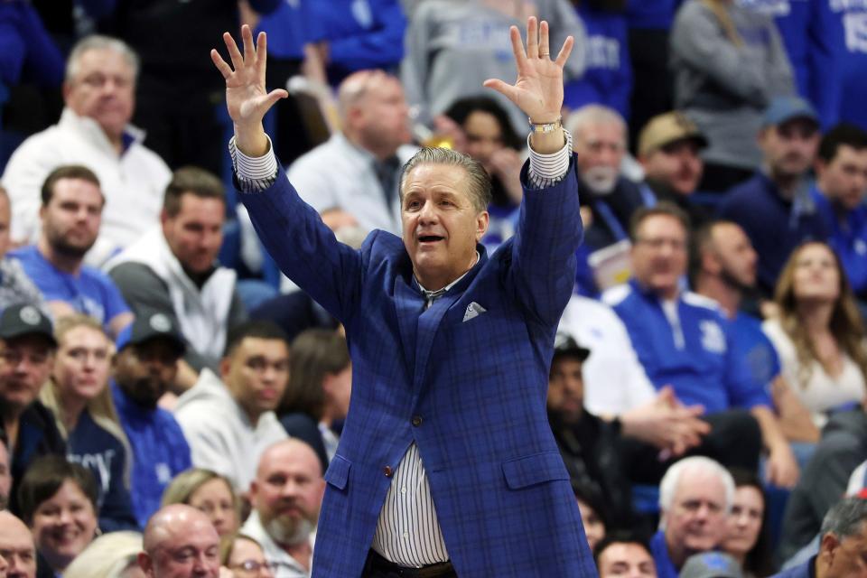 Kentucky head coach John Calipari reacts after a call during the second half of an NCAA college basketball game against Alabama, Saturday, Feb. 24, 2024, in Lexington, Ky. (AP Photo/James Crisp)