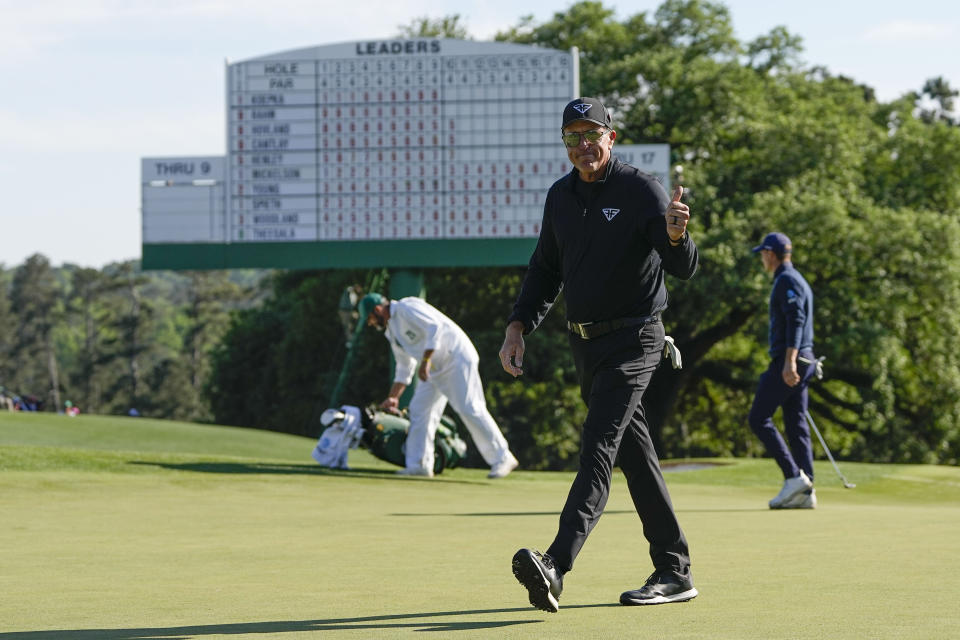 Phil Mickelson reacts on the 18th hole during the final round of the Masters golf tournament at Augusta National Golf Club on Sunday, April 9, 2023, in Augusta, Ga. (AP Photo/David J. Phillip)