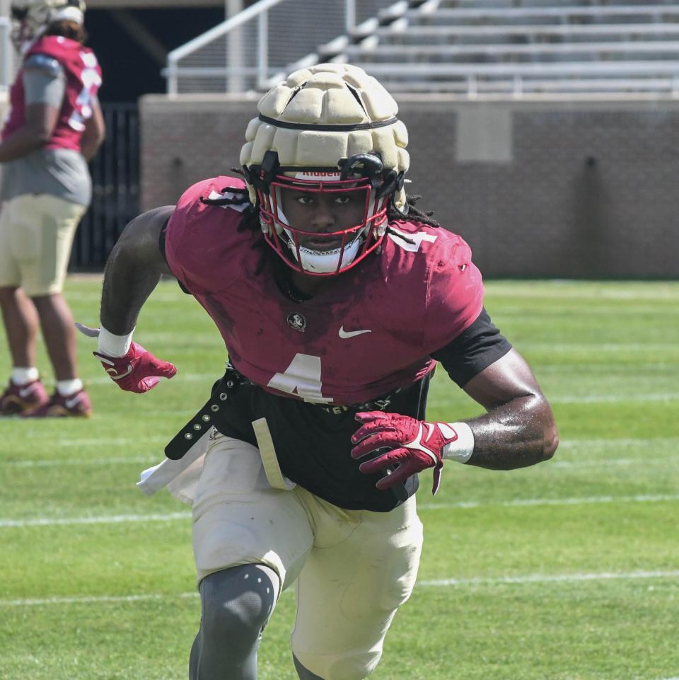 Florida State football players take part in drills during an FSU spring football practice of the 2023 season on Thursday, April 6, 2023 in Doak Campbell Stadium.