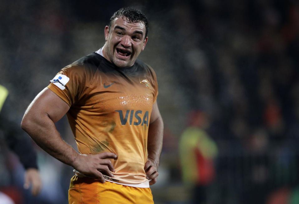 Jaguares Agustin Creevy reacts during the Super Rugby final between the Crusaders and the Jaguares in Christchurch, New Zealand, Saturday, July 6, 2019. (AP Photo/Mark Baker)