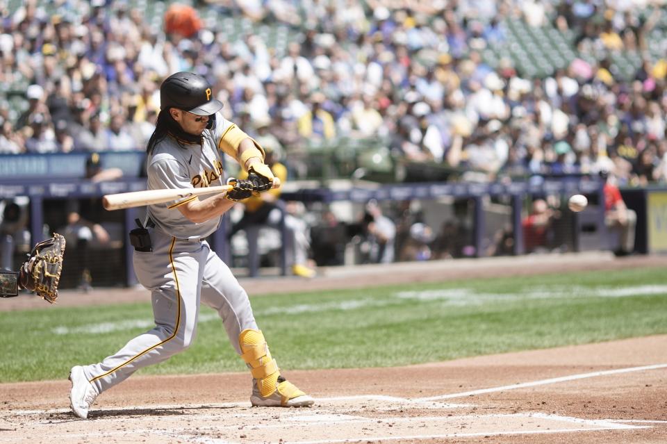 Pittsburgh Pirates' Connor Joe hits an RBI sacrifice fly during the third inning of a baseball game against the Milwaukee Brewers Wednesday, May 15, 2024, in Milwaukee. (AP Photo/Morry Gash)