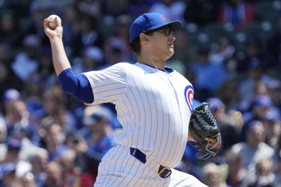 Chicago Cubs starting pitcher Javier Assad throws against the Milwaukee Brewers during the first inning of a baseball game in Chicago, Sunday, May 5, 2024. (AP Photo/Nam Y. Huh)