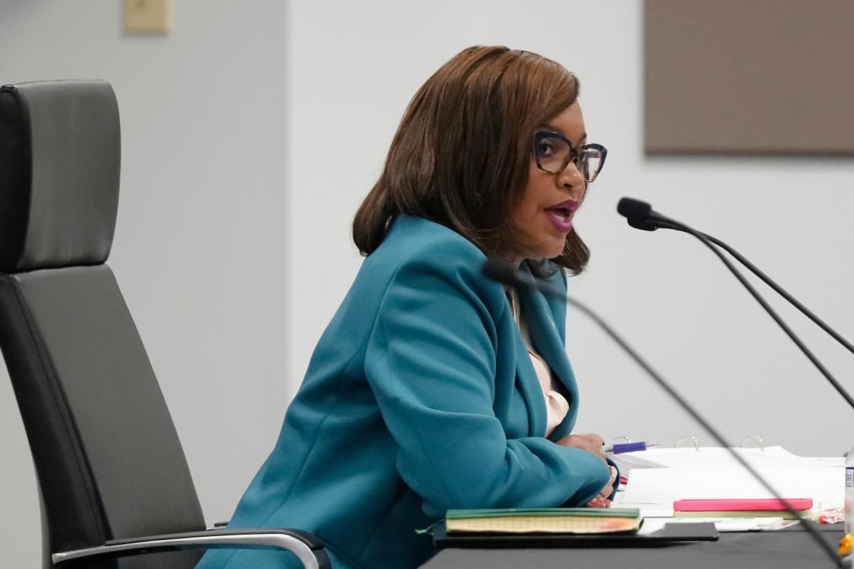 Superintendent Angela Chapman speaks to the preliminary process for the potential consolidation of schools Tuesday during a Columbus City Schools board meeting.