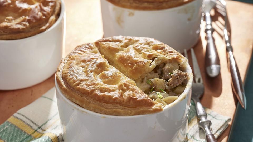 sausage and apple pies baked in individual ramekins