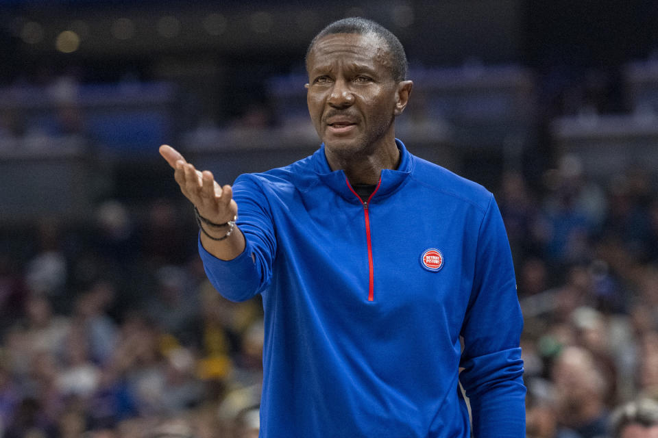 Detroit Pistons coach Dwane Casey gestures during the first half of the team's NBA basketball game against the Indiana Pacers in Indianapolis, Saturday, Oct. 22, 2022. (AP Photo/Doug McSchooler)