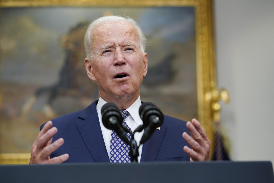 President Joe Biden speaks about the situation in Afghanistan from the Roosevelt Room of the White House in Washington, Tuesday, Aug. 24, 2021. (AP Photo/Susan Walsh)