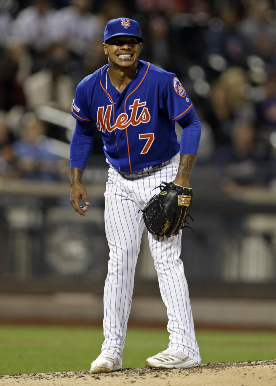 New York Mets pitcher Marcus Stroman reacts during the sixth inning of a baseball game against the Atlanta Braves, Friday, Sept. 27, 2019, in New York. (AP Photo/Adam Hunger)