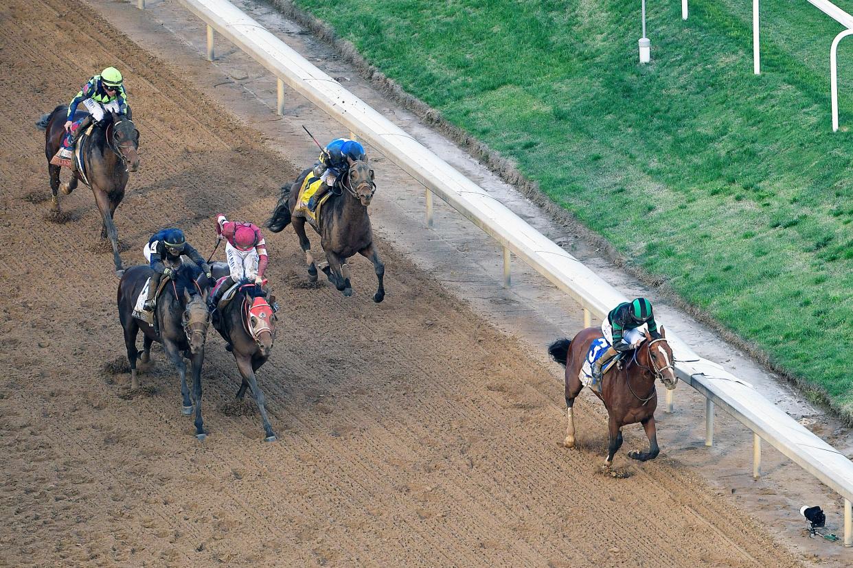 Mystic Dan, with Brian J. Hernandez Jr. up, leads the pack down the homestretch of the 150th running of The Kentucky Derby, Saturday, May 4 2024 in Louisville Ky.