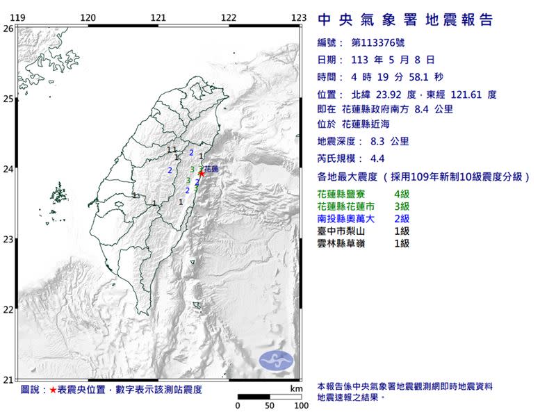 今日清晨4時19分，花蓮縣近海芮氏規模4.4極淺層地震。（圖／中央氣象署）