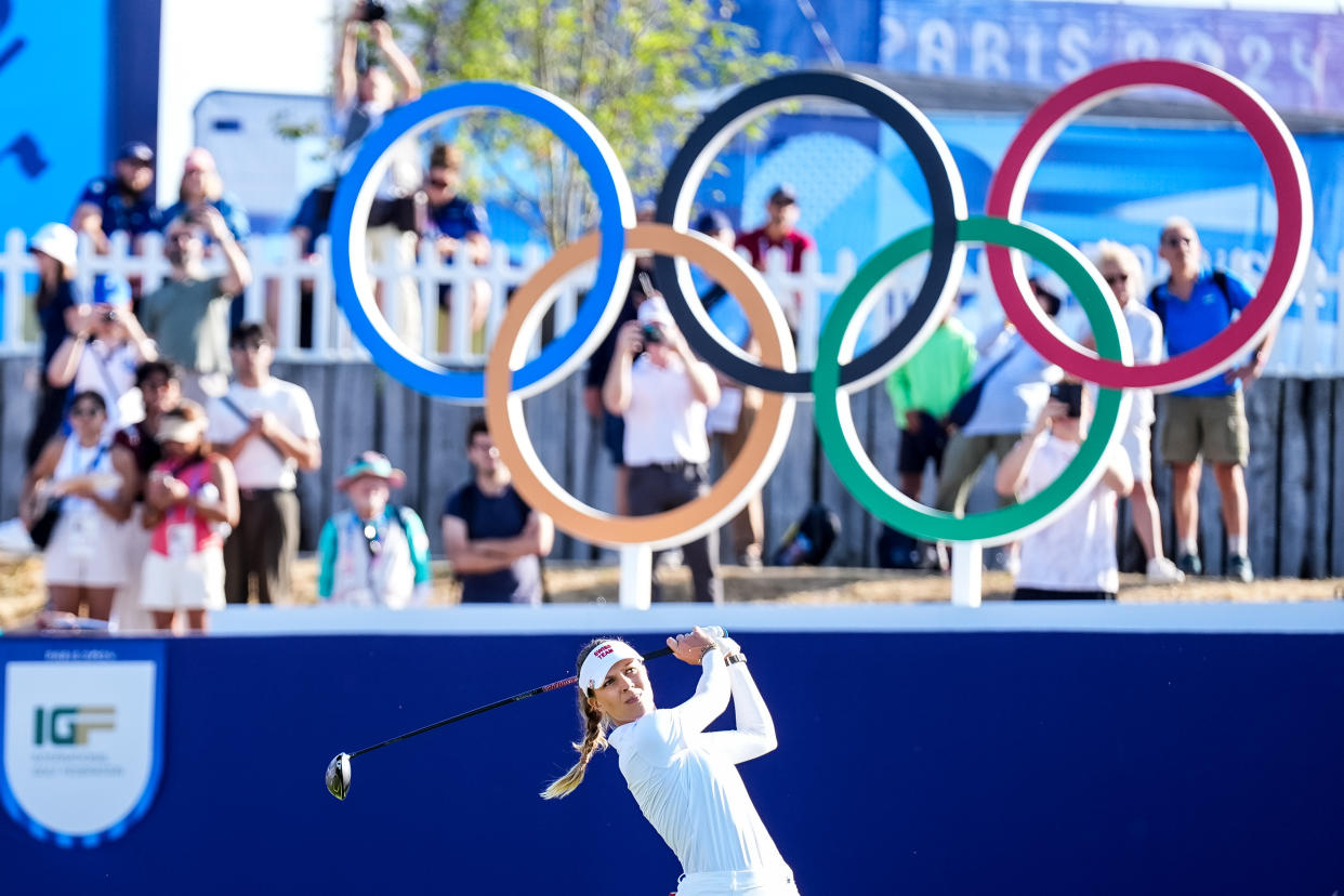 PARIS, FRANCE - AUGUST 8: Morgane Metraux of Team Switzerland competing in the Women's Individual Stroke during Day 13 of Golf - Olympic Games Paris 2024 at Le Golf National on August 8, 2024 in Paris, France. (Photo by Rene Nijhuis/BSR Agency/Getty Images)