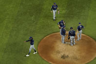 Tampa Bay Rays starting pitcher Tyler Glasnow leaves the game against the Los Angeles Dodgers during the fifth inning in Game 1 of the baseball World Series Tuesday, Oct. 20, 2020, in Arlington, Texas. (AP Photo/David J. Phillip)