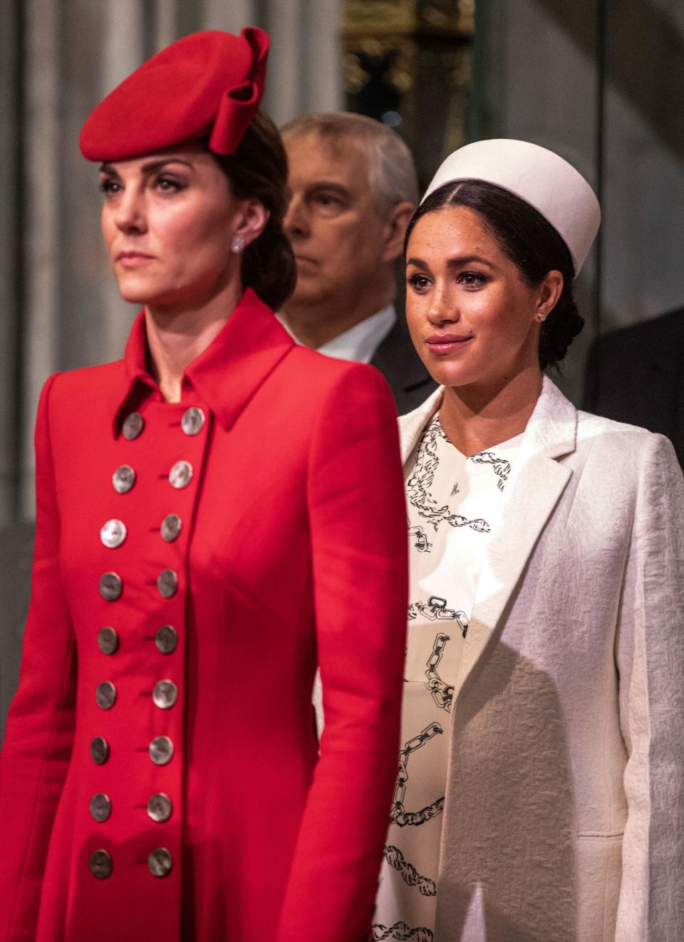 Britain's Meghan, Duchess of Sussex (R) and Britain's Catherine, Duchess of Cambridge, (L) attend the Commonwealth Day service at Westminster Abbey in London on March 11, 2019. - Britain's Queen Elizabeth II has been the Head of the Commonwealth throughout her reign. Organised by the Royal Commonwealth Society, the Service is the largest annual inter-faith gathering in the United Kingdom. (Photo by Richard Pohle / POOL / AFP)        (Photo credit should read RICHARD POHLE/AFP via Getty Images)