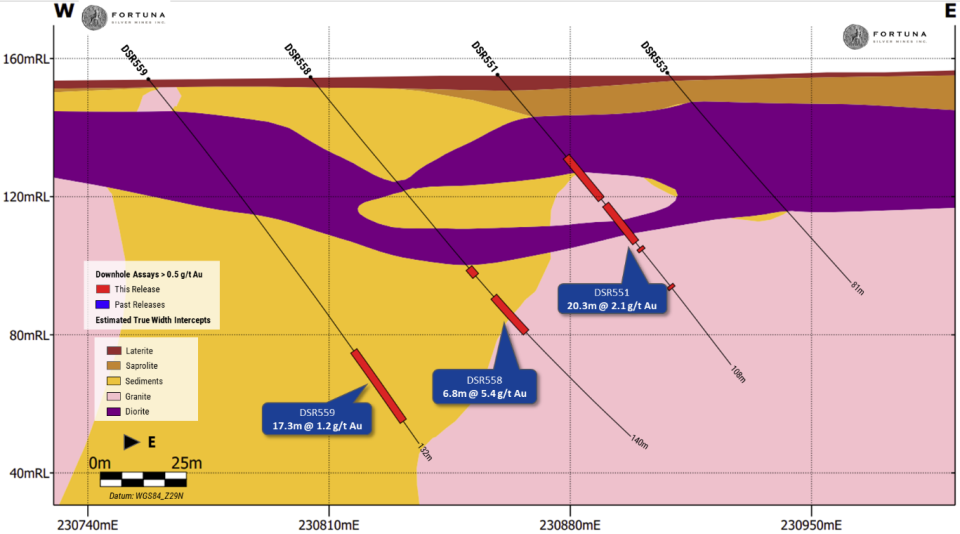 Moungoundi cross-section showing select recent results (looking north)