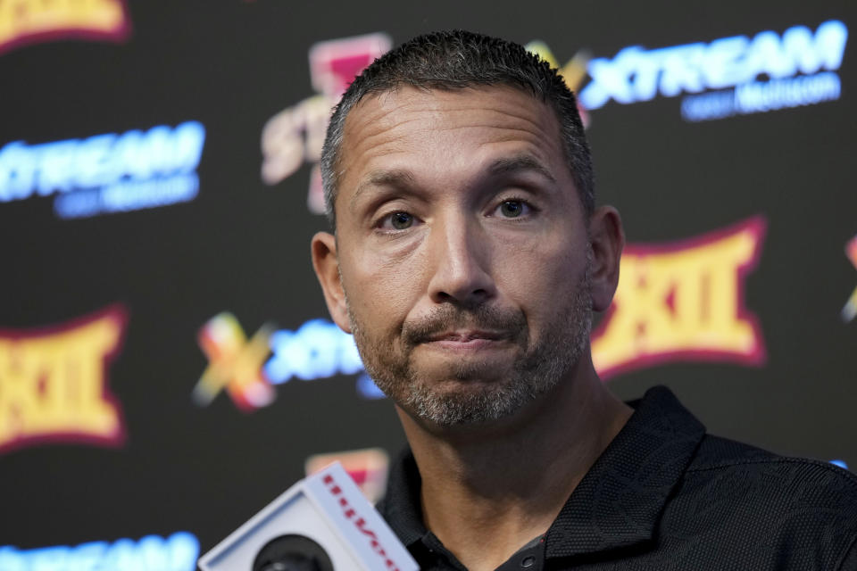 Iowa State head coach Matt Campbell speaks during an NCAA college football media day, Friday, Aug. 4, 2023, in Ames, Iowa. (AP Photo/Charlie Neibergall)