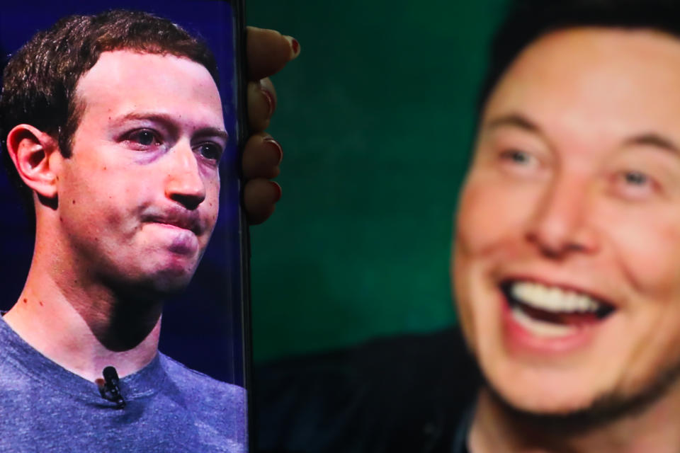 Mark Zuckerberg with an Elon Musk background on July 7, 2023, in Colombo, Sri Lanka. (Photo by Thilina Kaluthotage/NurPhoto via Getty Images)