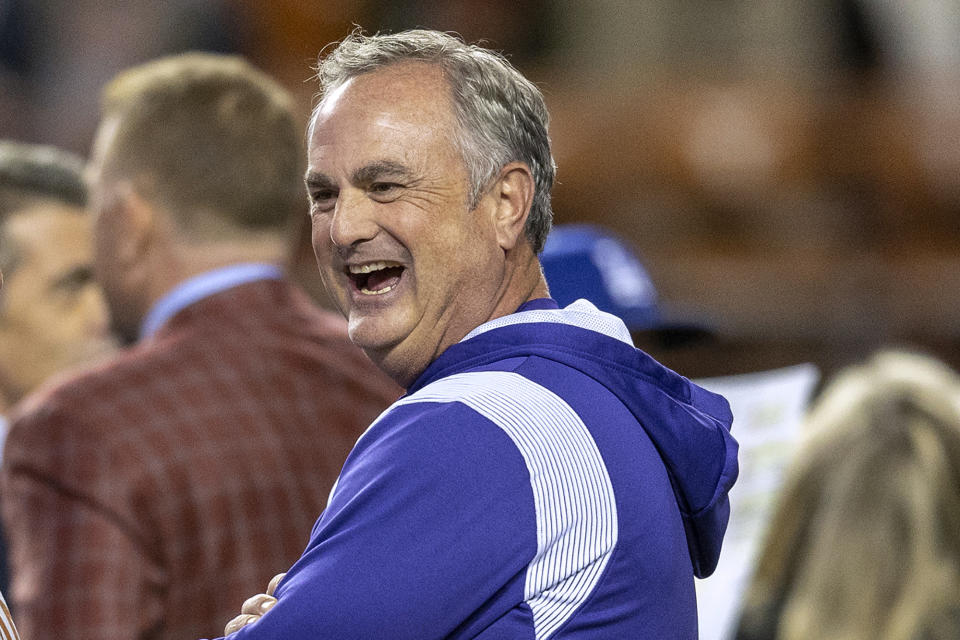 FILE - TCU coach Sonny Dykes reacts before an NCAA college football game Nov. 12, 2022, in Austin, Texas. Dykes is in Texas, still doing what he always wanted to do and now near the peak of his profession with TCU (12-1) in the four-team College Football Playoff. (AP Photo/Stephen Spillman, File)