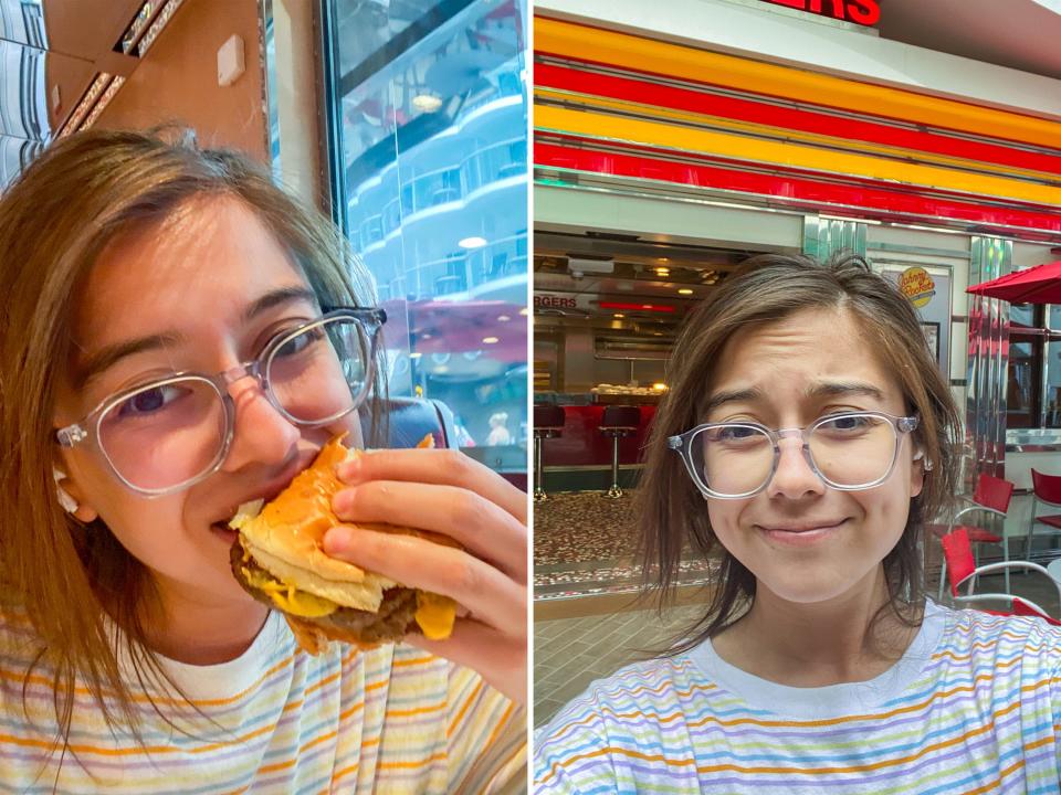 The author eating a burger (L) and in front of Johnny Rockets (R)