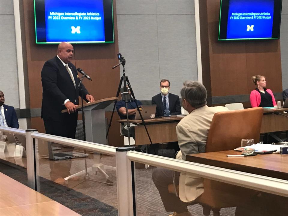 Michigan athletic director Warde Manuel speaks at the U-M Board of Regents meeting on Thursday, June 16, 2022, in Ann Arbor.