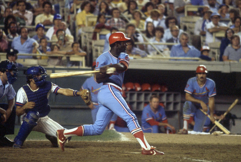 FILE - In this Aug. 7, 1979, file photo, St. Louis Cardinals' Lou Brock swings while at-bat against the New York Mets in New York. Hall of Famer Brock, one of baseball’s signature leadoff hitters and base stealers who helped the Cardinals win three pennants and two World Series titles in the 1960s, has died. He was 81. (AP Photo/Richard Drew, File)