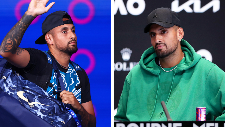 Nick Kyrgios waves to the crowd and Kyrgios speaks.