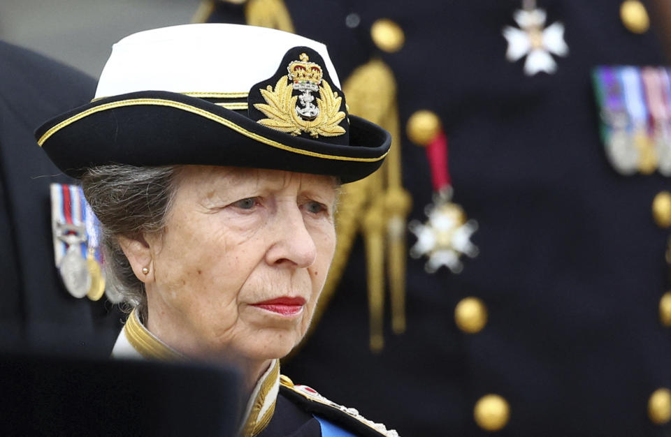 Britain's Princess Anne attends the state funeral of Queen Elizabeth II, at the Westminster Abbey in London Monday, Sept. 19, 2022. (Hannah McKay/Pool Photo via AP)