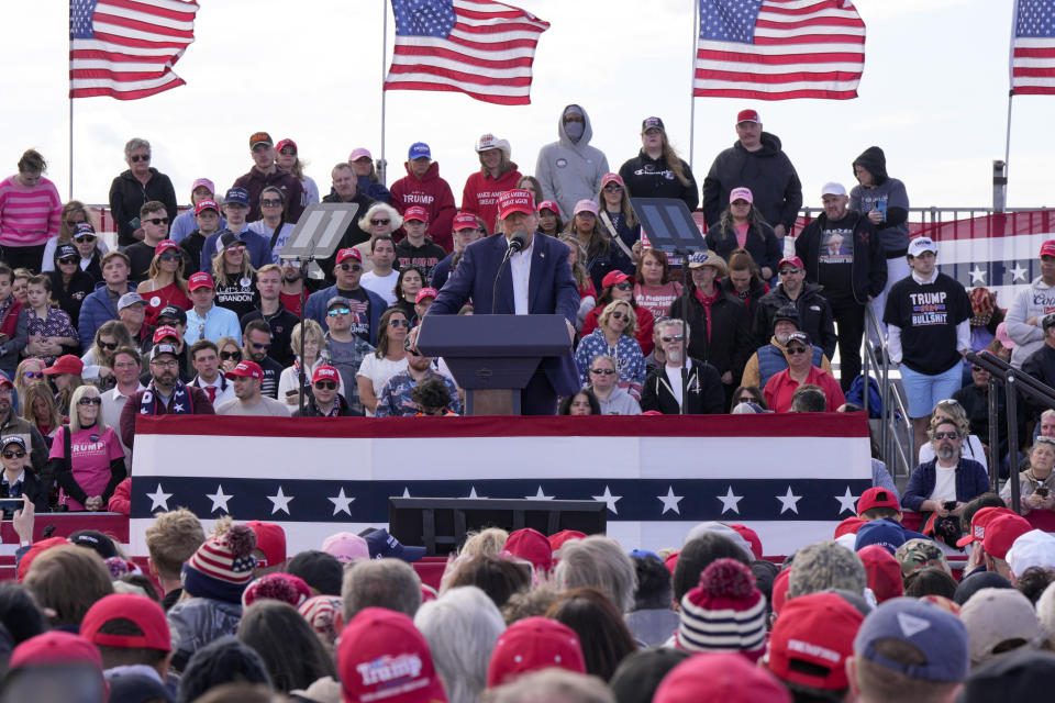 Republican presidential candidate former President Donald Trump speaks at a campaign rally Saturday, March 16, 2024, in Vandalia, Ohio. (AP Photo/Jeff Dean)