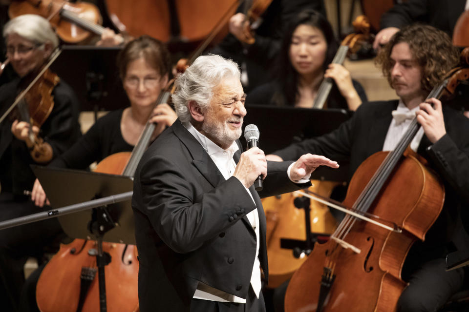 Opera star Placido Domingo performs during a concert at the Elbphilharmonie in Hamburg, Germany, on Wednesday, No. 27, 2019. (Christian Charisius/dpa via AP)