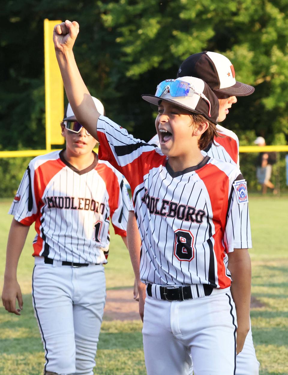 Middleboro 12U Nationals Shawn Miller celebrates at the conclusion of their game versus Bangor East, Maine at Bartlett Giamatti Little League Leadership Training Center in Bristol, Connecticut for the New England Regional tournament on Thursday, August 11, 2022.