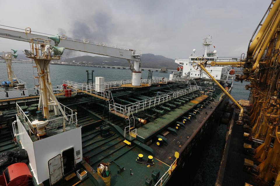 FILE - Iranian oil tanker Fortune is anchored at the dock of the El Palito refinery near Puerto Cabello, Venezuela, May 25, 2020. (AP Photo/Ernesto Vargas, File)