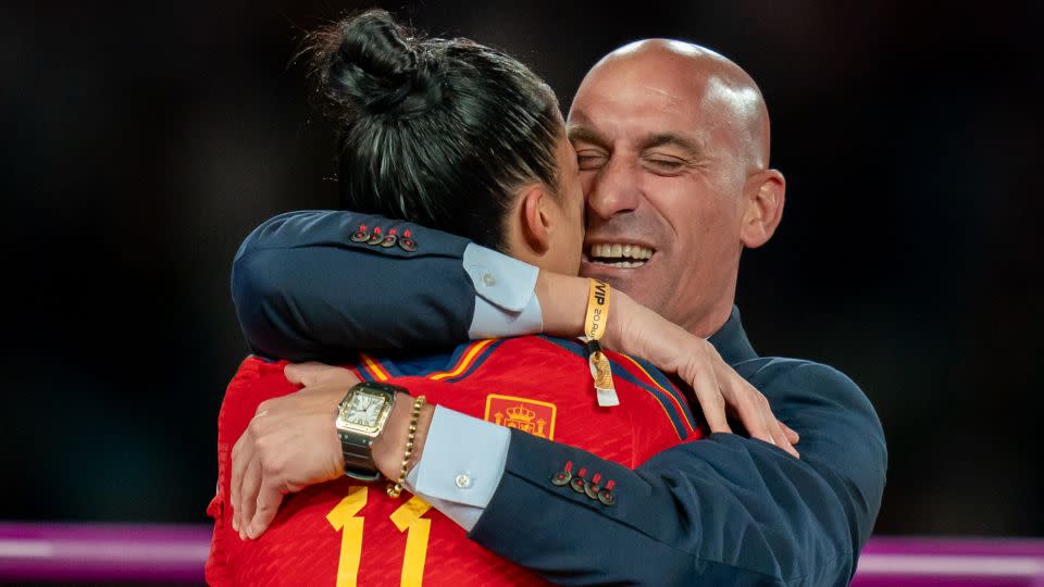 Rubiales embraces Hermoso just before video showed him kissing her. - Noe Llamas/Sport Press Photo/Zuma Press
