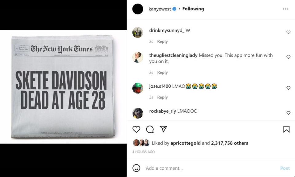 Kanye West shared this post following news of Kim Kardashian and Pete Davidson’s split (Kanye West / Instagram)