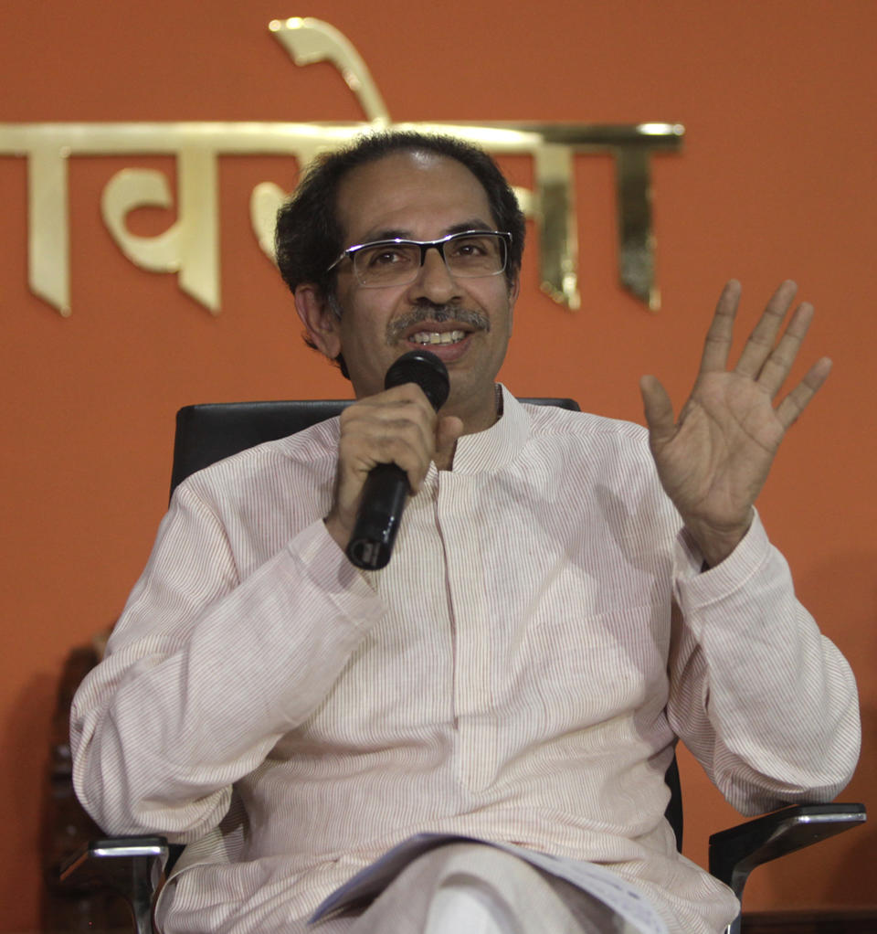 Shiv Sena President Uddhav Thackeray speaks during a press conference in Mumbai, India, Friday, Nov. 8, 2019. Thackeray accused the Bharatiya Janata Party (BJP) of betrayal, claiming that the BJP had agreed to share the post of chief minister on a rotational basis. (AP Photo)