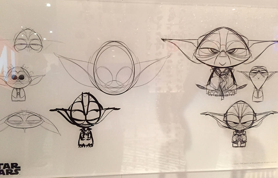 Sketches of the Jedi Master capture the whimsical feel of the video game.