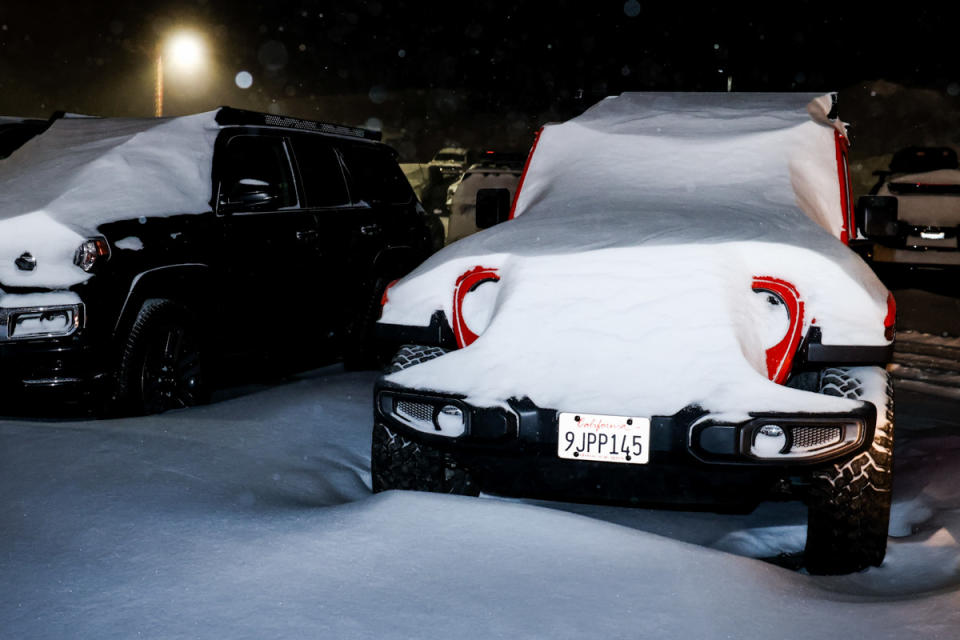 Snow on the cars in the parking lot, captured by Peter Morning courtesy of Mammoth Mountain.