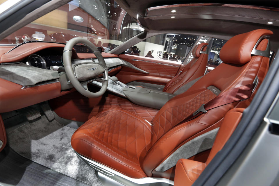 The interior of the hydrogen fuel cell Genesis GV80 concept SUV is shown during a media preview at the New York International Auto Show, at the Jacob Javits Center in New York, Thursday, April 13, 2017. (AP Photo/Richard Drew)