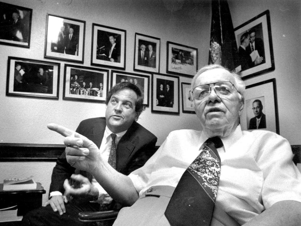 John Thompson Sr., right, is seen with District Attorney Stan Rebert, left, in this file photo from 1998. Thompson lead the local Republican Party for more than four decades. During that time, he created a political behemoth that dominates York County politics today.