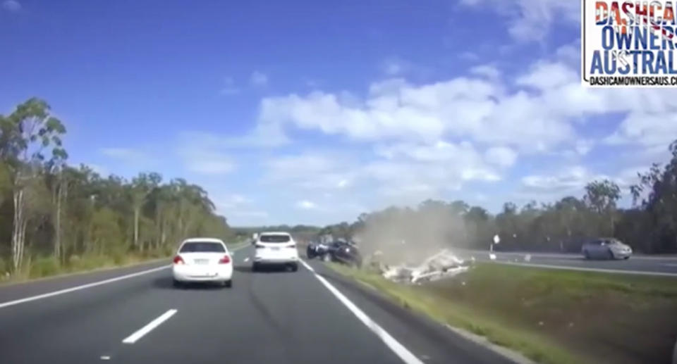 Fortunately no one was injured but the caravan was obliterated. Source: Dash Cam Owners Australia/ Facebook