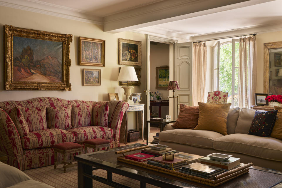 The comfortably appointed living room inside of the main house, known as Le Bastide.