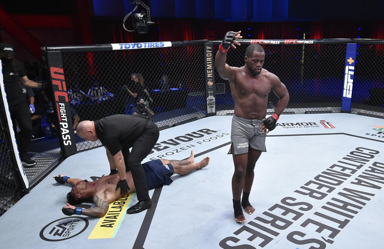 LAS VEGAS, NEVADA - SEPTEMBER 08: Tafon Nchukwi reacts after his knockout victory over Al Matavao in a light heavyweight bout during week six of Dana White's Contender Series season four at UFC APEX on September 08, 2020 in Las Vegas, Nevada. (Photo by Chris Unger/DWCS LLC/Zuffa LLC)